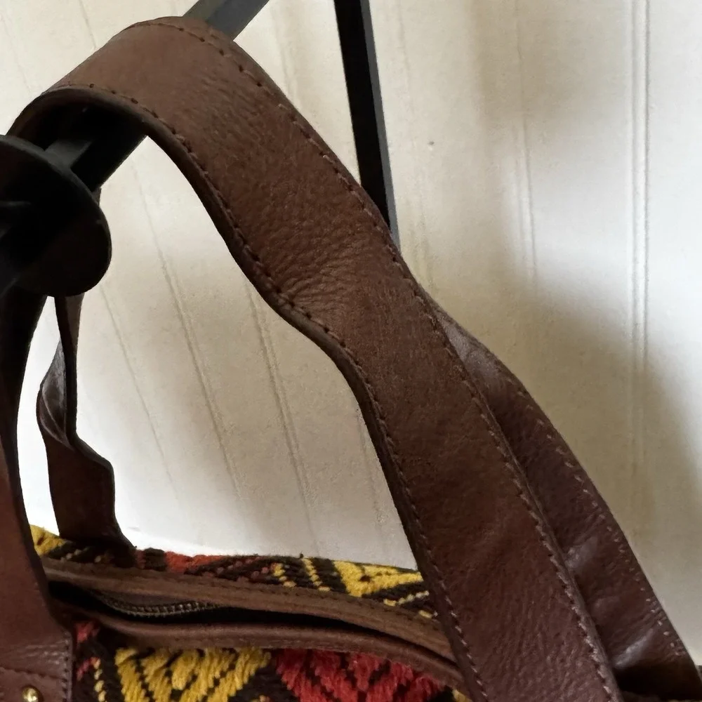 Audrey Brooke Leather Woven Bag Shoulder Bag Crossbody Brown Red Yellow‎ Tribal